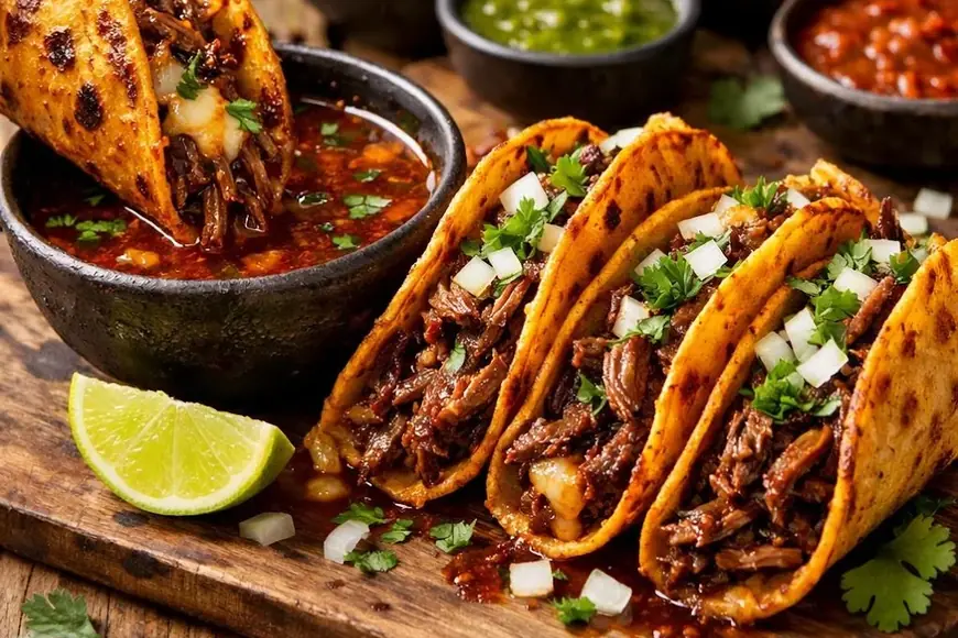 Birria tacos with consommé for dipping, onion, cilantro, lime and salsas at MEXIKAN in Heritage Valley, Edmonton
