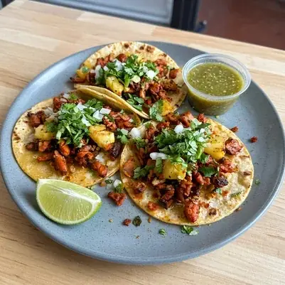 Al pastor tacos with pineapple, onion and cilantro