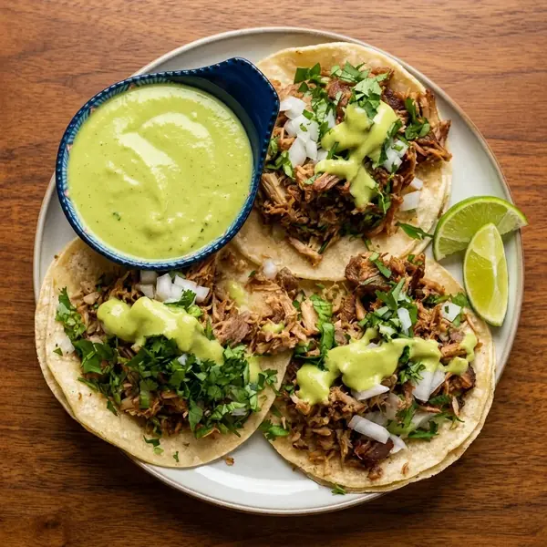 Carnitas tacos with cilantro, onion and avocado salsa at MEXIKAN in Chappelle, Edmonton