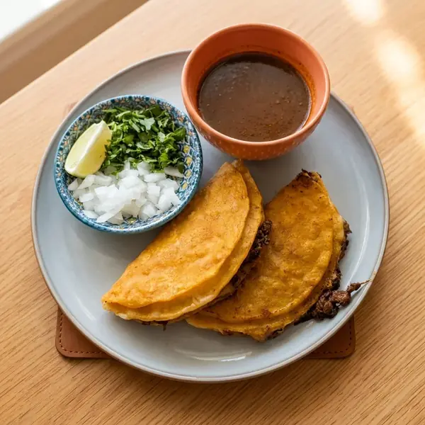 Quesabirria tacos with consommé, onion, cilantro and lime at MEXIKAN in Chappelle, Edmonton