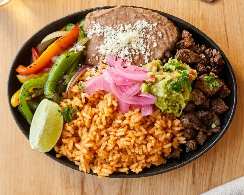 Carne asada platter with Mexican rice, house beans, guacamole and pickled onion at MEXIKAN in Chappelle, Edmonton