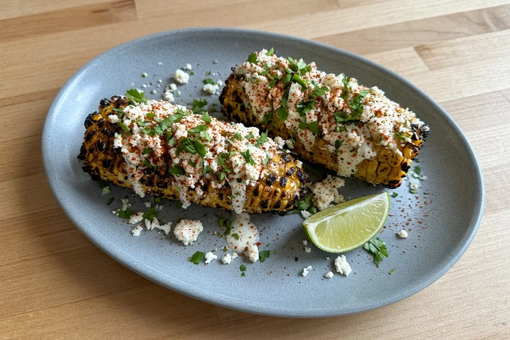 Elote, grilled street corn with crema, cotija and chili-lime