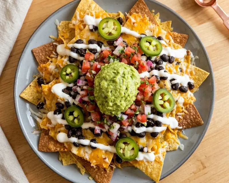Loaded nachos with black beans, pico de gallo, jalapeños, crema and guacamole
