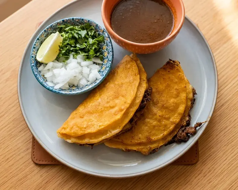 Quesabirria tacos with consommé, onion, cilantro and lime at MEXIKAN in Chappelle, Edmonton